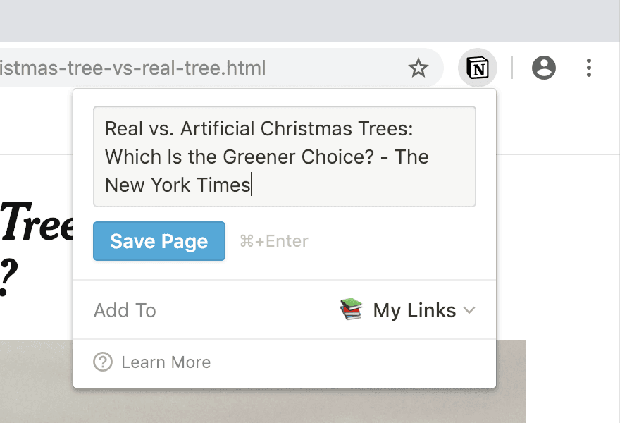 Une capture d’écran du Web Clipper de Notion enregistrant une page dans un navigateur
