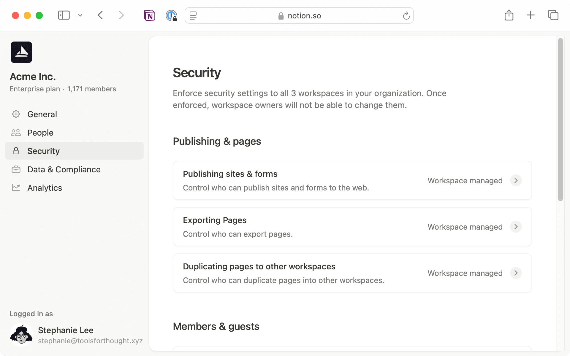 Gérez les paramètres de sécurité tels que la publication de pages, les membres, les invités et les intégrations dans l’onglet Sécurité.