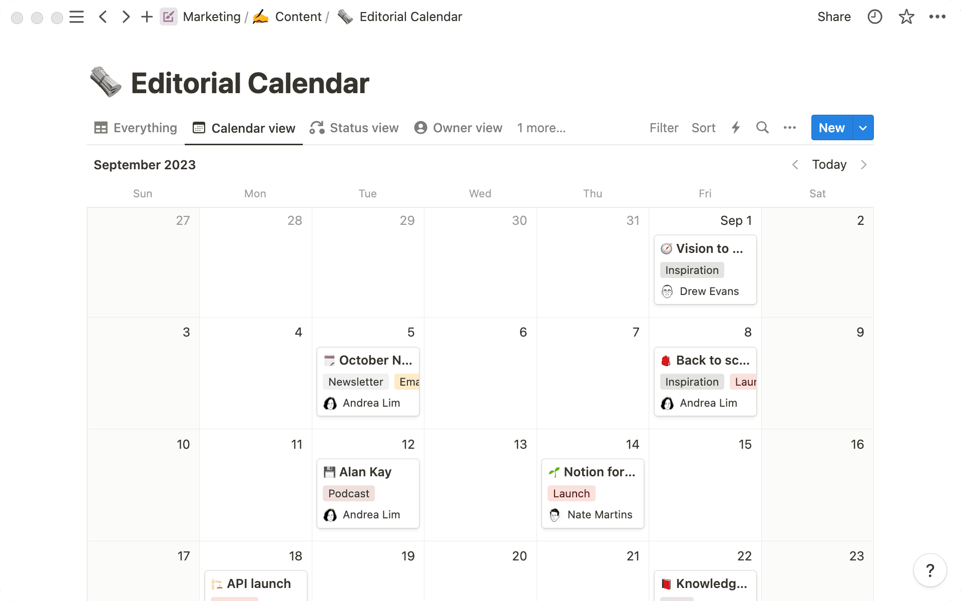 Nuestro calendario editorial muestra qué contenido se va a publicar y cuándo.