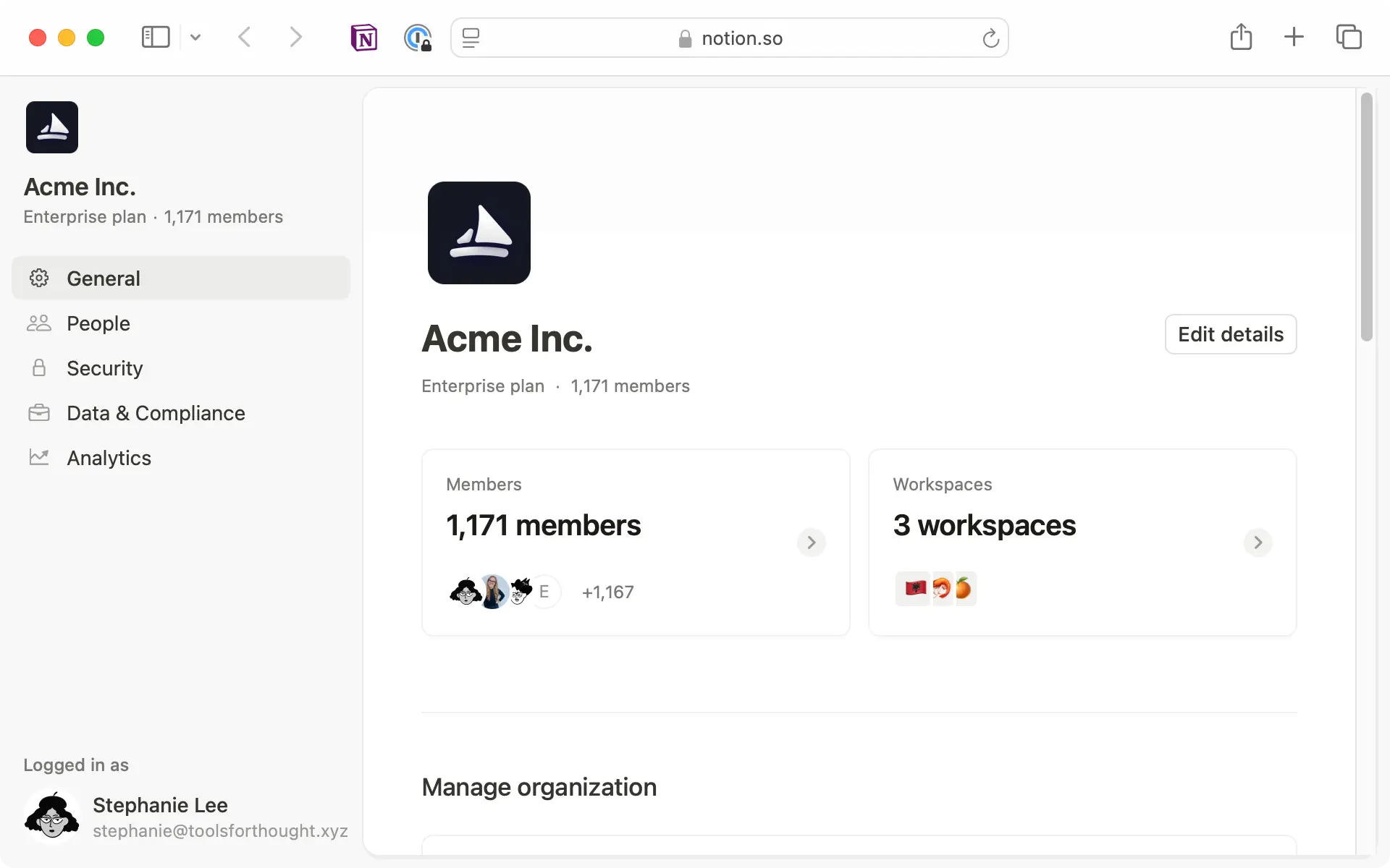 Gérez votre organisation à partir des paramètres généraux pour configurer le provisionnement SCIM et les paramètres SSO SAML.