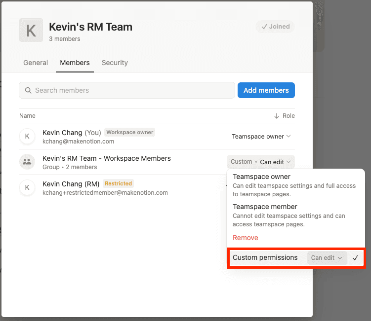 ca: asignar grupo de permisos a miembros restringidos en un espacio de equipo