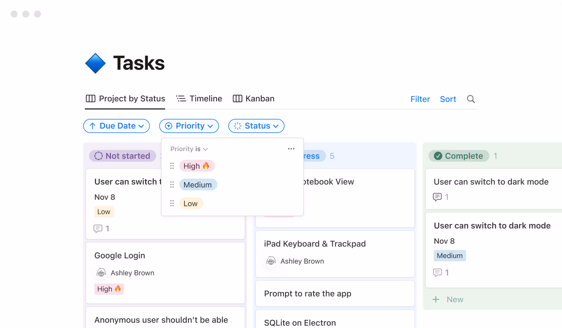 มุมมอง Kanban ที่มีการกรองข้อมูล