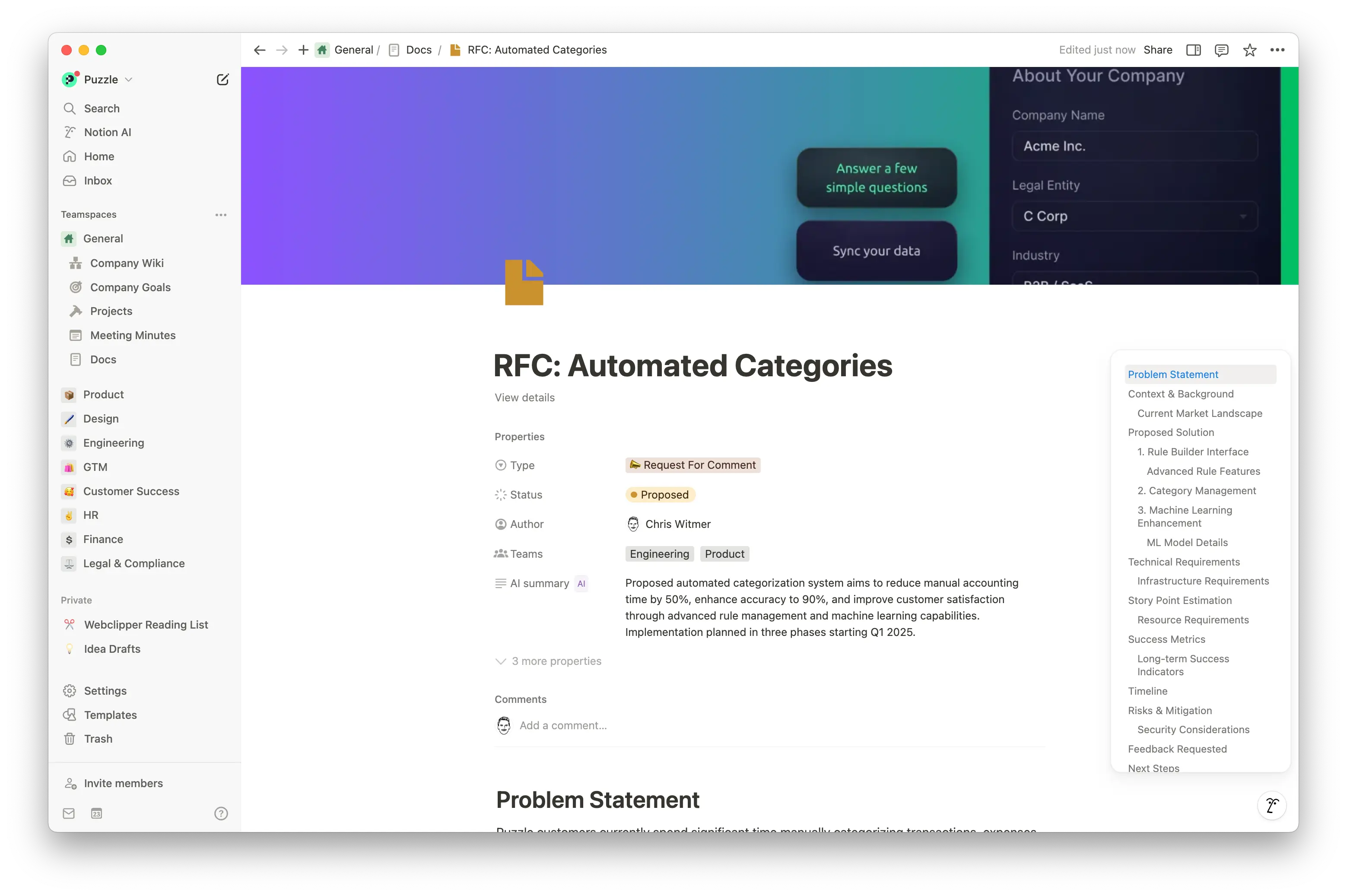 Les documents RFC (Request for Comment) de Notion offrent une structure claire, une collaboration en temps réel et des liens transparents vers les documents et les décisions afin d’organiser les commentaires et accélérer les processus d’exécution.