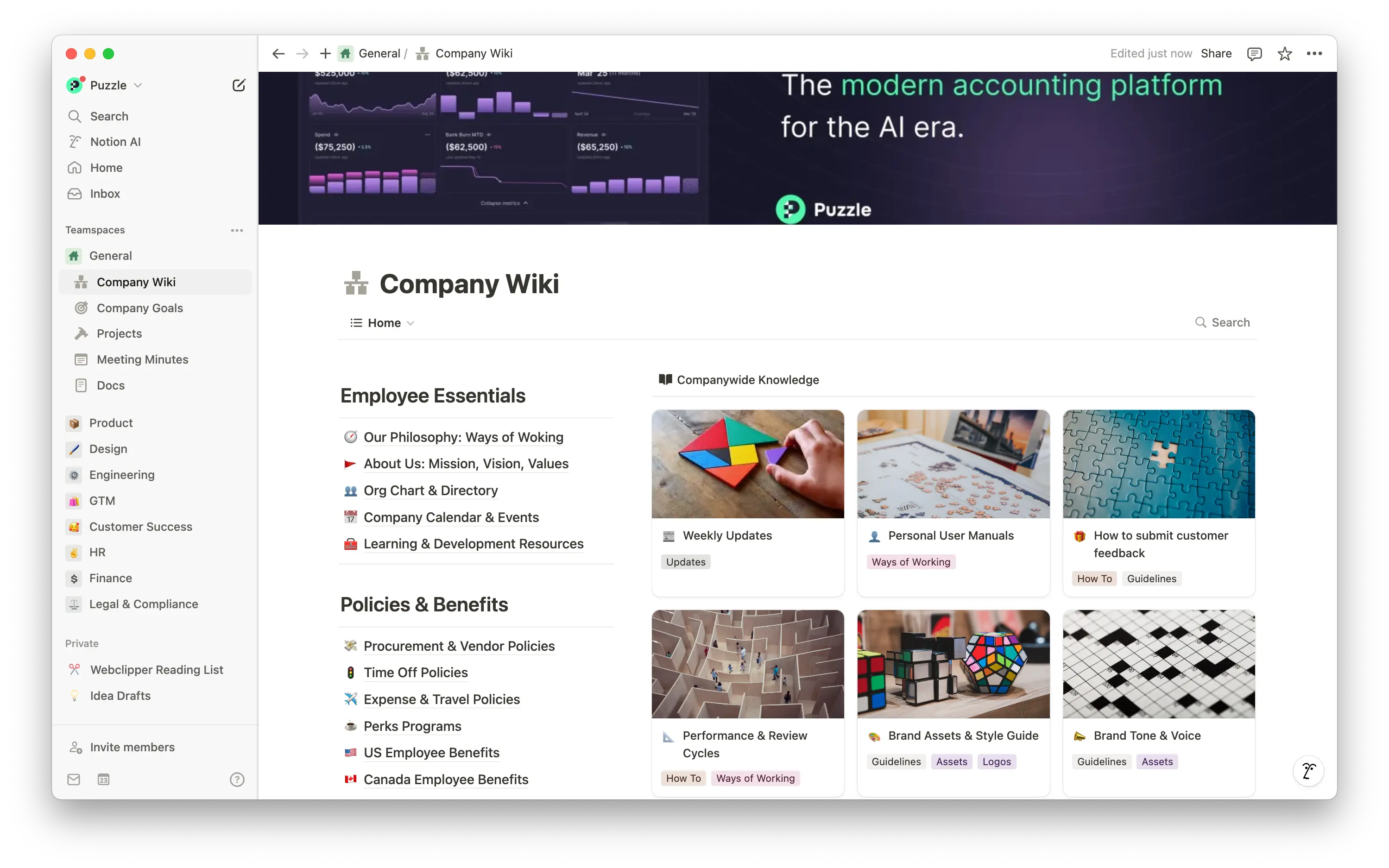 La source unique de Puzzle pour toutes les connaissances de l’entreprise : facile à mettre à jour, rapide à trouver et connectée de manière transparente à toutes nos tâches.