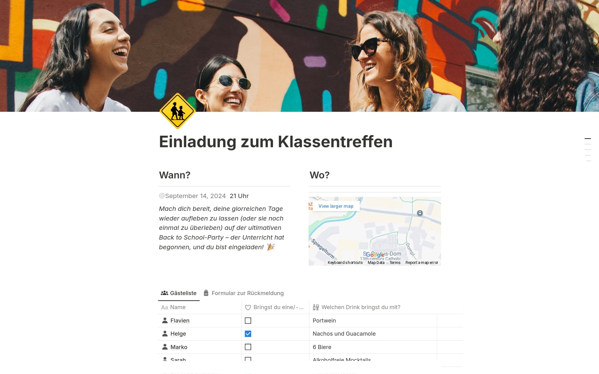 Eine Vorlagenvorschau für Party-Einladung mit Formular für Rückmeldungen